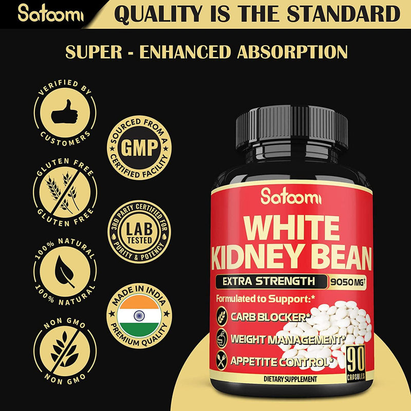 Pure White Kidney Bean Extract Carb Blocker Capsules - 6 Herbal Ingredients 9050 mg Equivalent - 90 Vegan Capsules for 3 Months
