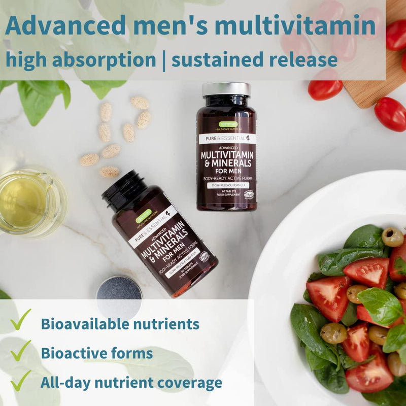 Pure and Essential Advanced Multivitamin and Minerals for Men Enhanced with Lycopene, Vitamin D, Methylated B6 and B12 for Energy, Immune, Heart and Brain Health, Slow Release, 60 Tablets