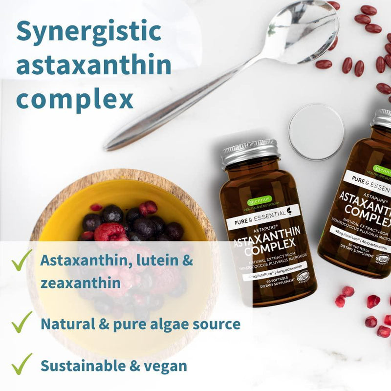 Pure and Essential Astaxanthin Complex, 42 mg Astapure Providing 4 mg H. Pluvialis Astaxanthin, 90 Vegan Softgels
