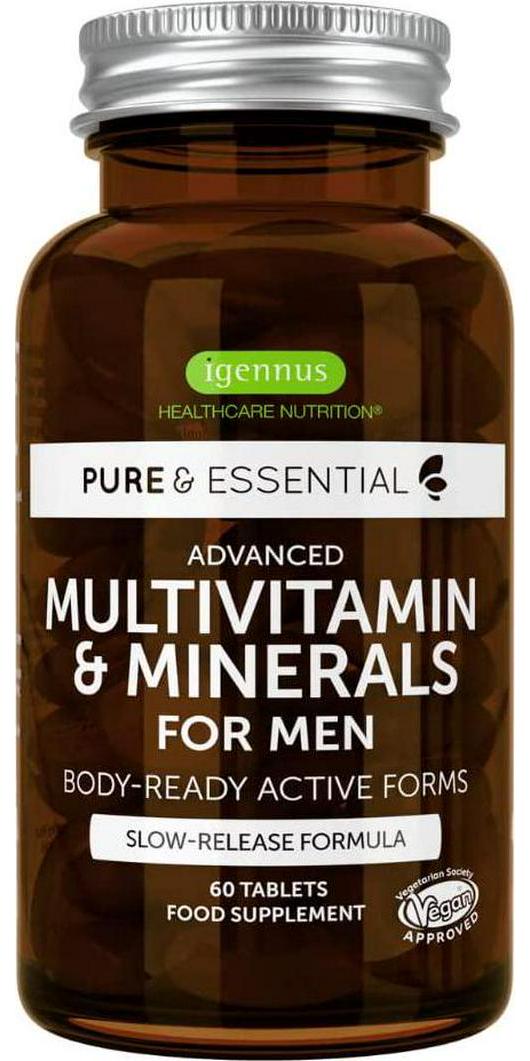 Pure and Essential Advanced Multivitamin and Minerals for Men Enhanced with Lycopene, Vitamin D, Methylated B6 and B12 for Energy, Immune, Heart and Brain Health, Slow Release, 60 Tablets