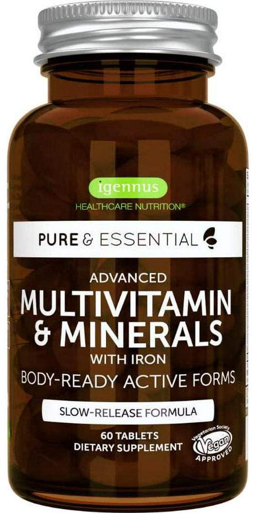 Pure and Essential Advanced Vegan Multivitamin and Minerals for Women with Iron, Vitamin D3, Methylated Folate, K2 and Zinc, Sustained Release, 30 Servings