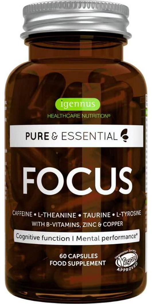 Pure and Essential Focus - Brain Booster Supplement with Caffeine, L-Theanine, Taurine and L-Tyrosine, + B-Vitamins, Zinc and Copper, Enhance Cognitive Function and Mental Energy - 60 caps