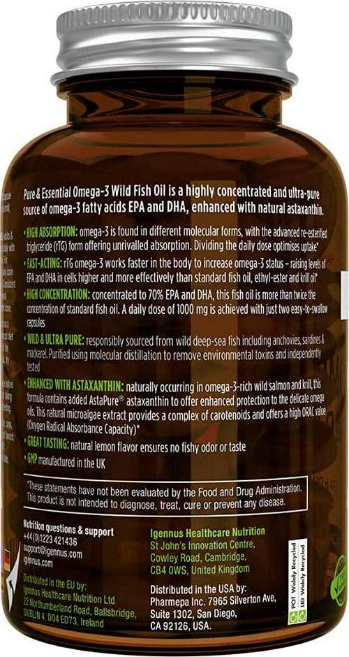 Pure and Essential High Absorption Omega-3 Wild Fish Oil 1360mg, EPA DHA 1000mg and Astaxanthin 1mg, Lemon Flavor, 180 Capsules