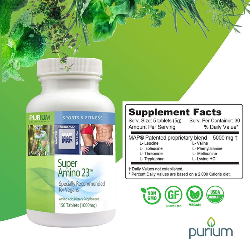 Purium Super Amino 23 - 150 Vegan Tablets - BCAA and Essential Amino Acid Dietary Supplement, Pre Workout, Recovery Aid, May Help Build Muscle - Gluten Free - 30 Servings