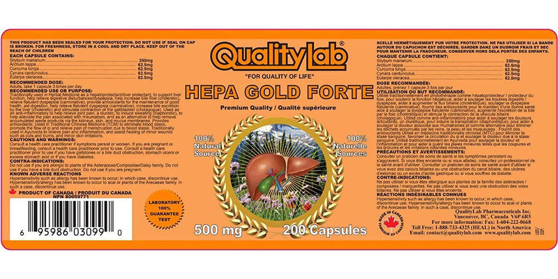 QualityLab Hepa Gold Forte Milk Thistle Liver Support Blend 500 mg 200 Capsules (Made in Canada)