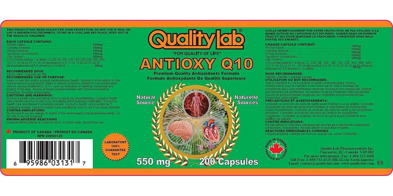 Qualitylab Antioxy Q10 Antioxidant 550 mg 200 Capsules (Made in Canada)