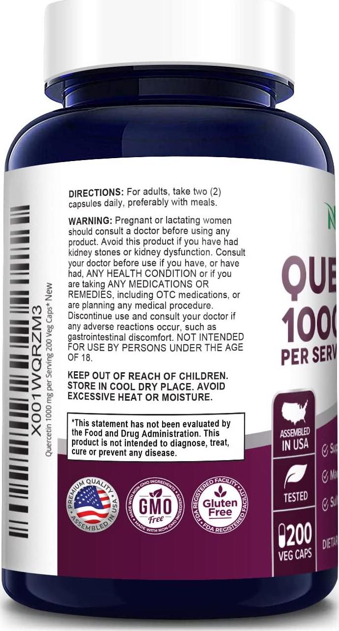 Quercetin 1000 mg 200 Vegetarian Caps (Non-GMO and Gluten Free) Dihydrate to Support Cardiovascular Health, Improve Anti-Inflammatory and Immune Response