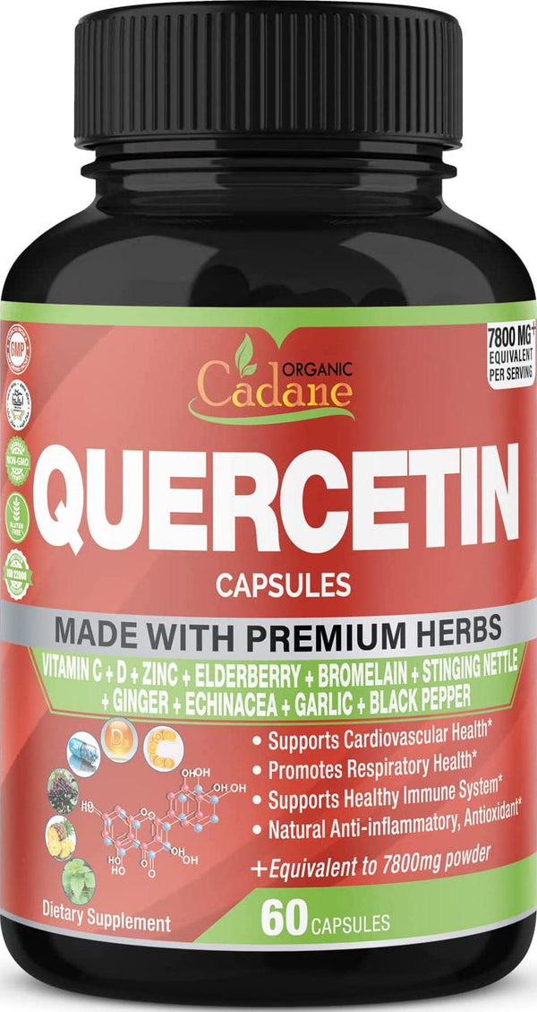 Quercetin Extract Capsules 7800mg and VitaminC, D3, Zin.C, Elderberry, Bromelain, Ginger, Echinacea, Garlic, Pepper | Supports Cardiovascular, Immune | Promotes Respiratory, Anti Inflammatory