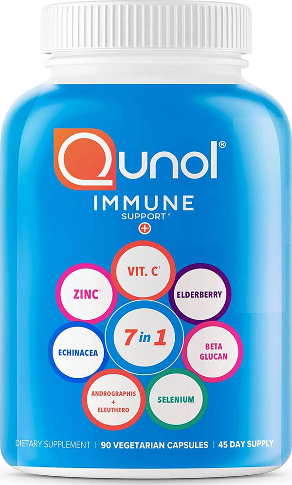Qunol 7 in 1 Immunity Defense Support Booster Supplement Vegetarian Capsules, Vitamin C, Zinc, Elderberry, Echinacea, Selenium, Eleuthero and Andrographis, Blue, 90 Count