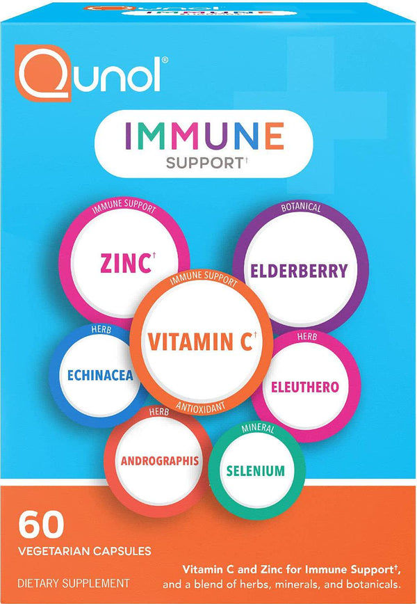 Qunol Immune Support, Vegetarian Capsules, 7 in 1 Immunity Defense Booster Supplement, Vitamin C, Zinc, Elderberry, Echinacea, Selenium, Eleuthero and Andrographis, 60 Count