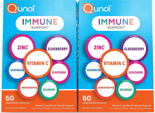 Qunol Immune Support, Vegetarian Capsules, 7 in 1 Immunity Defense Booster Supplement, Vitamin C, Zinc, Elderberry, Echinacea, Selenium, Eleuthero and Andrographis, 2 Packs of 60 Count, 120 Count