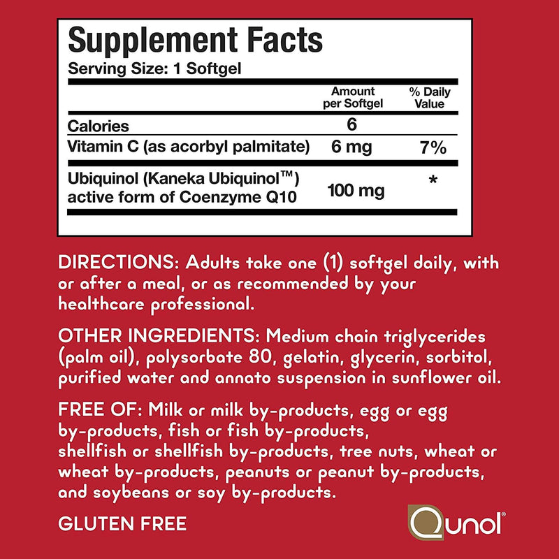 Qunol Mega Ubiquinol CoQ10 100mg, Superior Absorption, Patented Water and Fat Soluble Natural Supplement Form of Coenzyme Q10, Antioxidant for Heart Health, 60 Count, Pack of 2