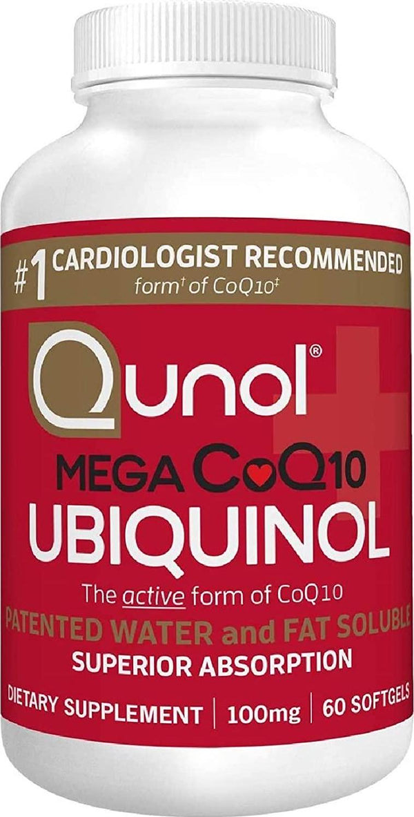 Qunol Mega Ubiquinol CoQ10 100mg, Superior Absorption, Patented Water and Fat Soluble Natural Supplement Form of C0Q10, Antioxidant for Heart Health, 60 Count (Pack of 1) Softgels