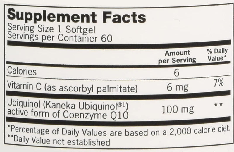 Qunol Mega Ubiquinol CoQ10 100mg, Superior Absorption, Patented Water and Fat Soluble Natural Supplement Form of C0Q10, Antioxidant for Heart Health, 60 Count (Pack of 1) Softgels