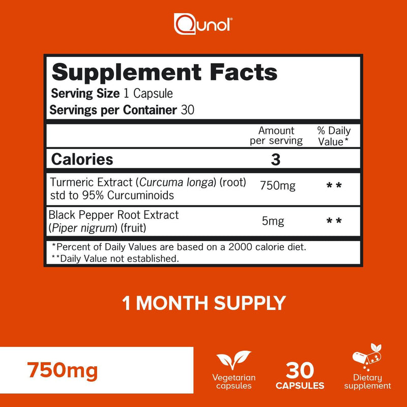 Qunol Turmeric Curcumin 750mg, Black Pepper Extract for Enhanced Absorption, Supports Healthy Inflammation Response and Joint Health, Dietary Supplement, Vegetarian Formula, 30 Capsules