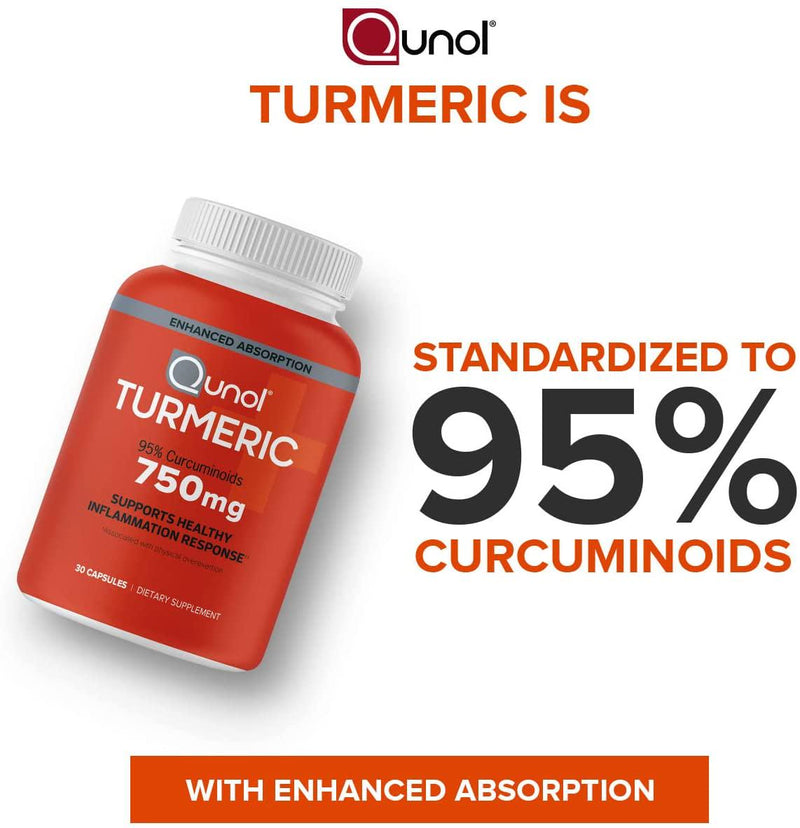 Qunol Turmeric Curcumin 750mg, Black Pepper Extract for Enhanced Absorption, Supports Healthy Inflammation Response and Joint Health, Dietary Supplement, Vegetarian Formula, 30 Capsules