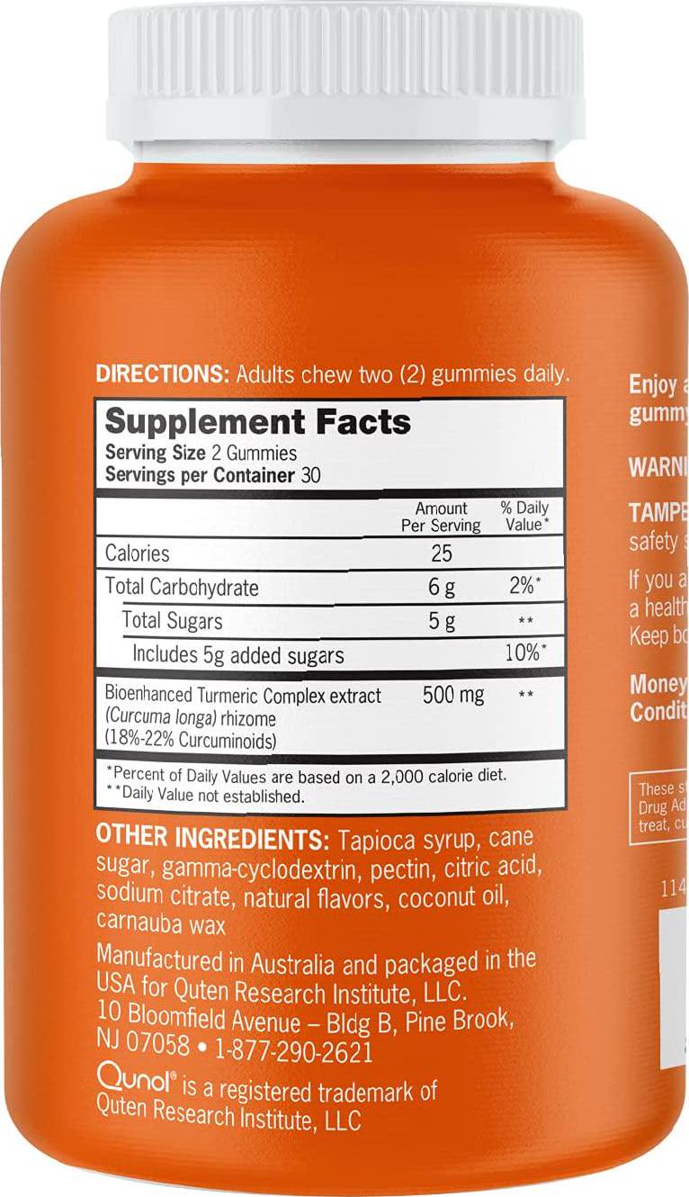 Qunol Turmeric Curcumin Gummies, 500 mg, Delicious Gummy Supplements, Helps Support an Active Lifestyle, 60 ct (2 Pack)