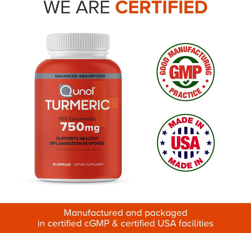 Qunol Turmeric Curcumin 750mg, Black Pepper Extract for Enhanced Absorption, Supports Healthy Inflammation Response and Joint Health, Dietary Supplement, Vegetarian Formula, 30 Capsules