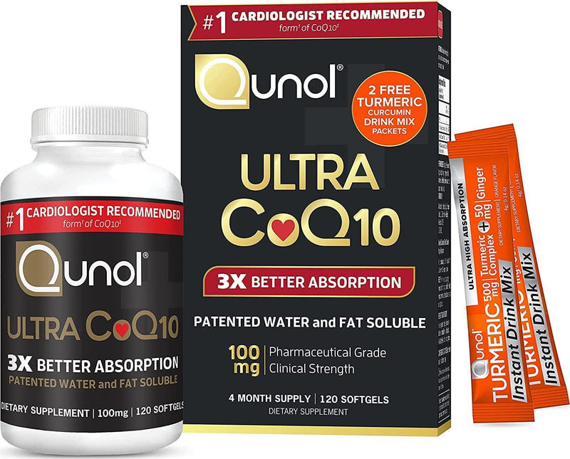 Qunol Ultra CoQ10 100mg, 3x Better Absorption, Patented Water and Fat Soluble Natural Supplement Form of Coenzyme Q10, Antioxidant for Heart Health, 120 Count Softgels W/Turmeric Sachets