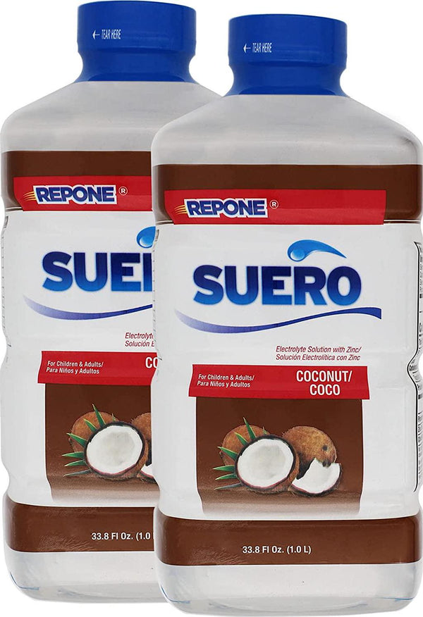 REPONE SUERO Electrolyte Solution with Zinc, Rehydrates, Restores Minerals and Nutrients, Coconut Flavor, 2-Pack of 33.8 Fl Oz 2 Bottles
