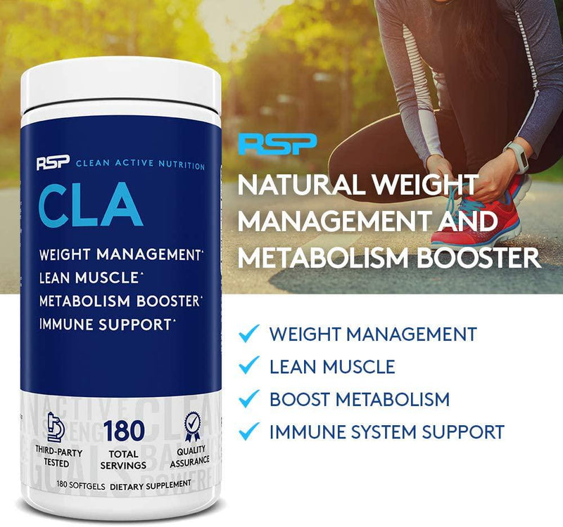 RSP Nutrition CLA 1000 Conjugated Linoleic Acid Max Strength Softgels, Natural Stimulant Free Weight Loss Supplement, Fat Burner for Men and Women, 180 Ct. (Packaging May Vary)