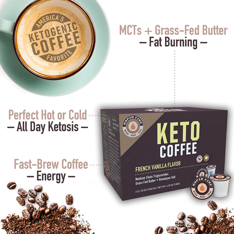 Rapid Fire Ketogenic High Performance Keto Coffee Pods, Supports Energy and Metabolism, Supports Weight Loss, Ketogenic Diet, French Vanilla, 12 Single Serve K-Cup Pod