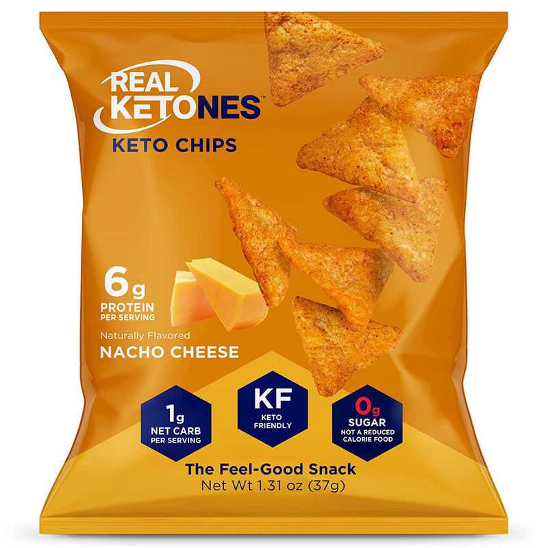 Real Ketones - Keto Protein Chips with MCT, Tortilla Style, Nacho Cheese flavor, 8 Pack, Low Carb Food, No Sugar Snack