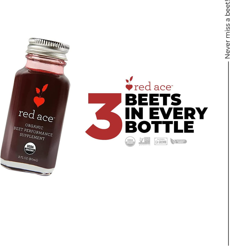 Red Ace 100% Organic Beet Juice Shot, Nitric Oxide Superfood Boost, Pre Workout, Folic Acid, Performance Supplement, Improves Stamina, Brain Focus, Circulatory Wellness, and Oxygen, 2 Fl Oz, 12 Count