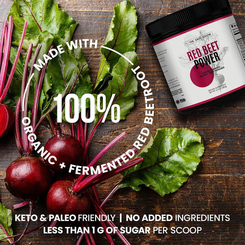 Red Beet Power Drink Mix, 100% Organic and Fermented Beetroot Drink Powder, No Sugar, 6.3 oz, 30 Servings, Dr. Eric Snow