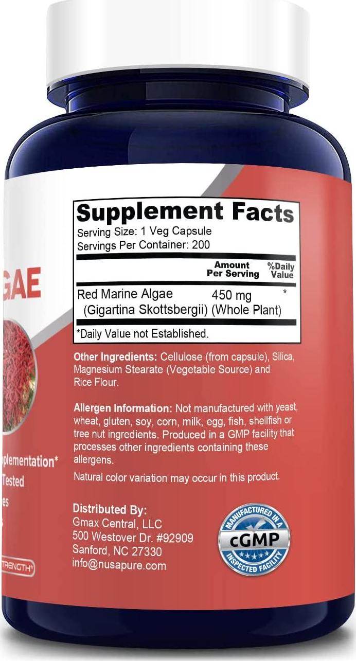 Red Marine Algae 450mg 200 Vegetarian Capsules (Non-GMO and Gluten Free) Supports Joint, Cardiovascular, and Digestive Health, Healthy Immune, Natural Multivitamin