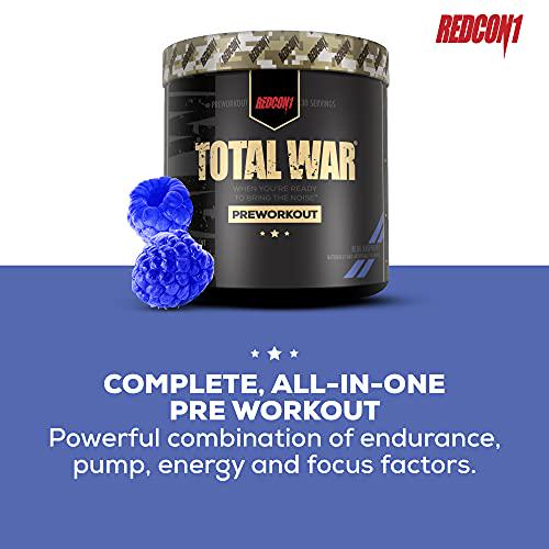 Redcon1 Total War - Pre Workout, 30 Servings, Boost Energy, Increase Endurance and Focus, Beta-Alanine, Caffeine (Blue Raspberry)