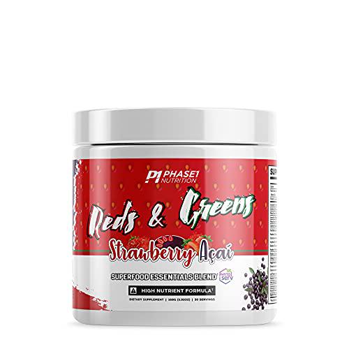 Reds and Greens Superfood Essentials Blend with PhytoServ - Strawberry Açaí 30 Servings - Phase 1 Nutrition High Nutrient Formula - Natural Healthy Supplement for Digestion, Gut Health, Immune System