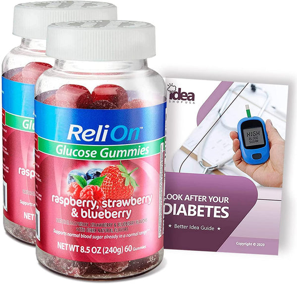 ReliOn - Glucose Gummies, Normal Blood Sugar Support, Berry Flavor, 60 Count (Pack of 2) + “Look After Your Diabetes - Better Idea Guide”