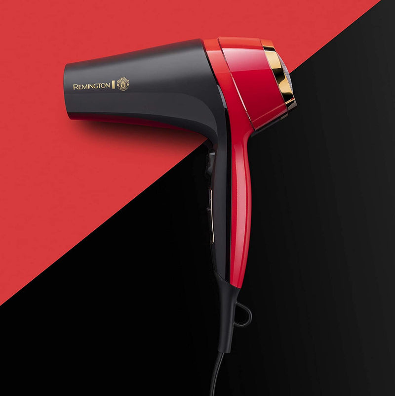 Remington Manchester United Thermacare Pro 2400 Ionic Hair Dryer Performance Variable Heat and Speed Settings Including Storage Bag, Black and Red