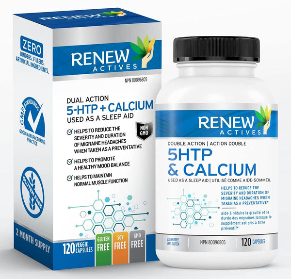 Renew Actives 5HTP 200mg Supplement: 5 HTP Extra Strength Supplements with Calcium for Natural Mood Support - HTP5 Amino Acid Sleep Aid to Help Boost Serotonin Levels and Relieve Stress - 120 Capsules