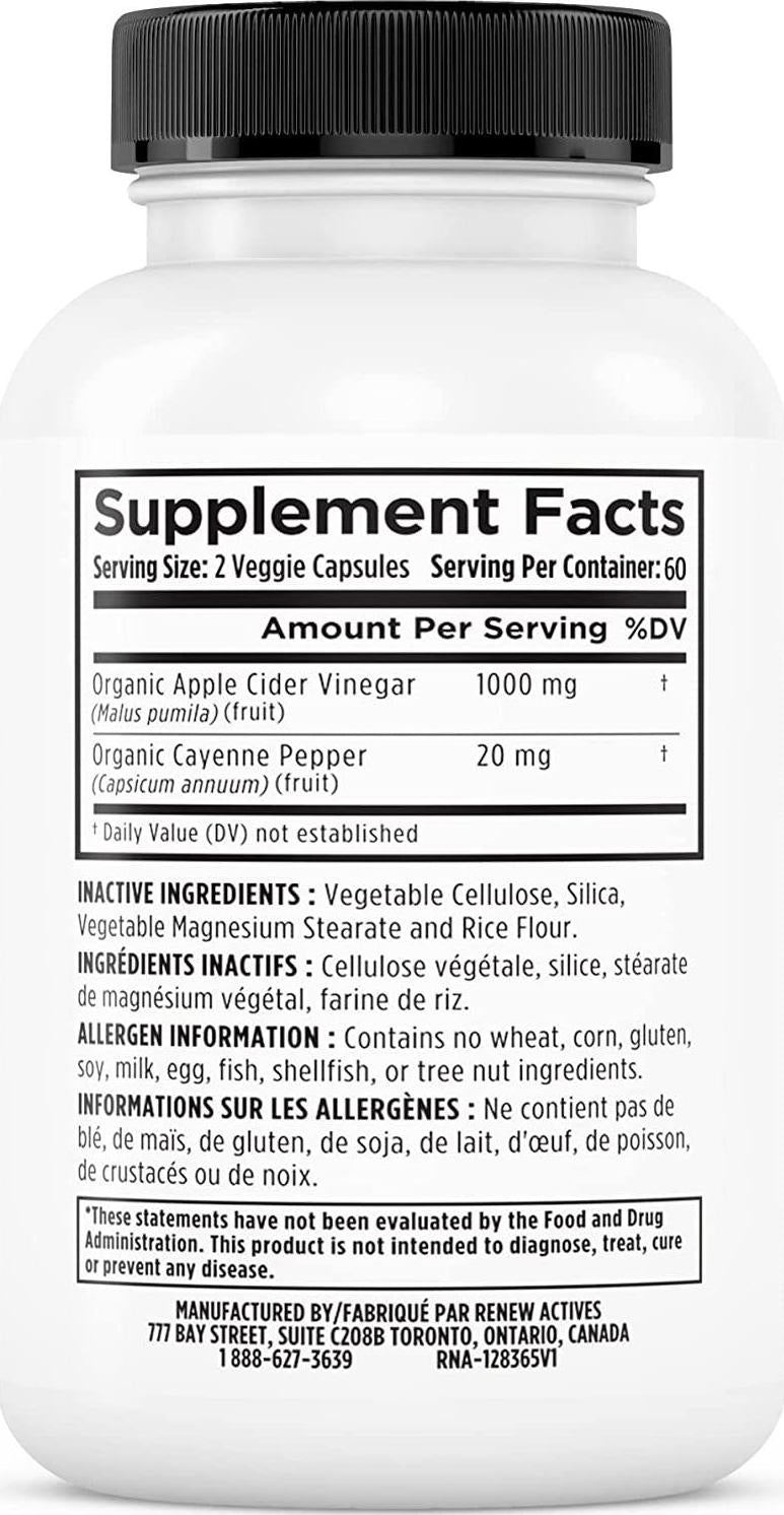 Renew Actives Apple Cider Vinegar: 500mg Organic ACV Supplements with 10mg Cayenne Pepper - Unfiltered, Unpasteurized Apple Cider Vinegar and Cayenne Pills for Health and Beauty - 60 Veggie Capsules