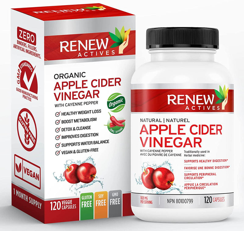 Renew Actives Apple Cider Vinegar: 500mg Organic ACV Supplements with 10mg Cayenne Pepper - Unfiltered, Unpasteurized Apple Cider Vinegar and Cayenne Pills for Health and Beauty - 60 Veggie Capsules