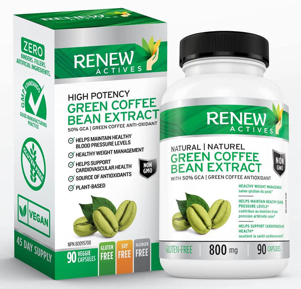 Renew Actives Coffee Bean Extract: 800mg Green Coffee Bean Extract Capsules - Vegan Green Coffee Bean Powder Extract Supplement with 50% GCA to Boost Metabolism and Energy - 90 Pills