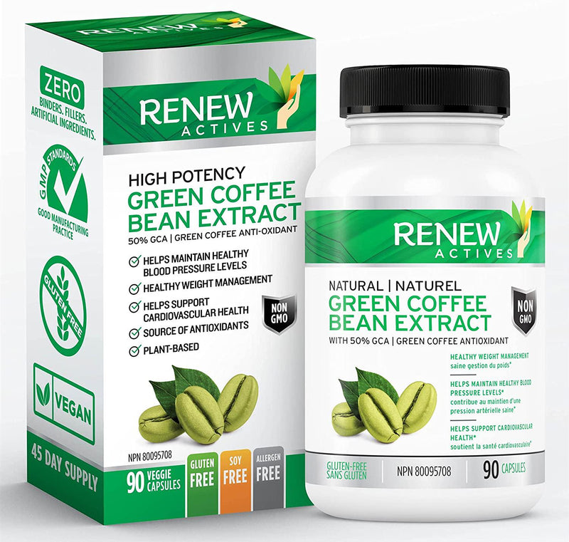 Renew Actives Coffee Bean Extract: 800mg Green Coffee Bean Extract Capsules - Vegan Green Coffee Bean Powder Extract Supplement with 50% GCA to Boost Metabolism and Energy - 90 Pills