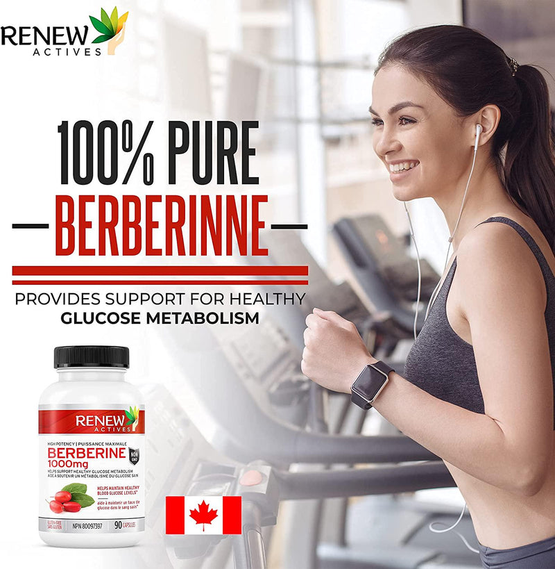 Renew Actives High Potency Berberine: 1000mg Berberine HCL Supplements - High Potency Supplement to Support Natural Blood Sugar Levels, Heart Health, and Weight Loss - 500mg per Capsule - 90 Capsules