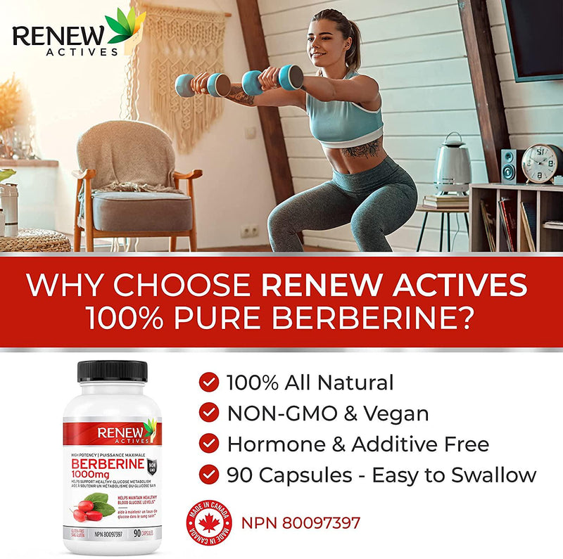 Renew Actives High Potency Berberine: 1000mg Berberine HCL Supplements - High Potency Supplement to Support Natural Blood Sugar Levels, Heart Health, and Weight Loss - 500mg per Capsule - 90 Capsules
