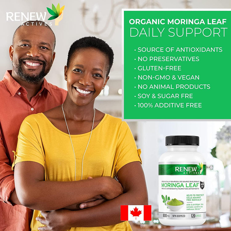 Renew Actives Moringa Leaf Supplement: 800mg Daily Serving - High Potency Moringa Oleifera for a Better Mood and Energy - Green Superfood Supplements from Moringa Powder - 120 Veggie Capsules
