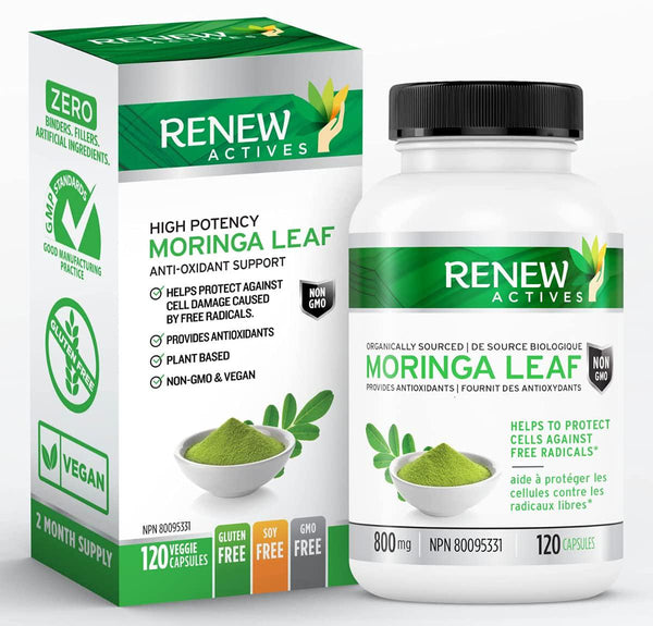 Renew Actives Moringa Leaf Supplement: 800mg Daily Serving - High Potency Moringa Oleifera for a Better Mood and Energy - Green Superfood Supplements from Moringa Powder - 120 Veggie Capsules