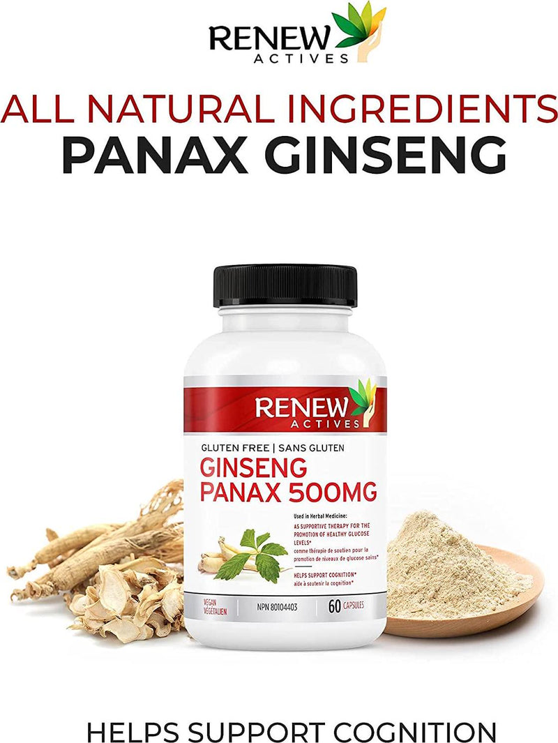 Renew Actives Panax Ginseng – 500 mg Power Supplement for Energy, Performance and Focus – Natural and Vegan Panax Ginseng Capsules – Made in the USA – 60 Capsules
