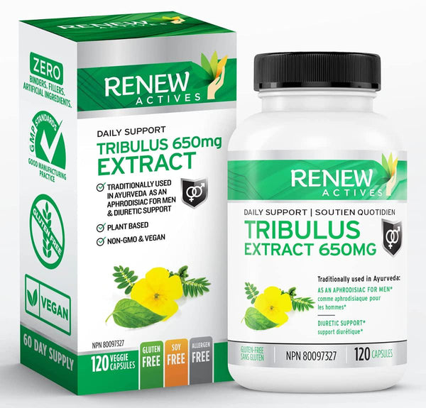 Renew Actives Tribulus Terrestris Extract: 1300mg Tribulus Powder Supplement with 45% Saponins - Energy and Performance Testosterone Booster for Men - Vegan Tribulus Herbal Supplements - 120 Capsules