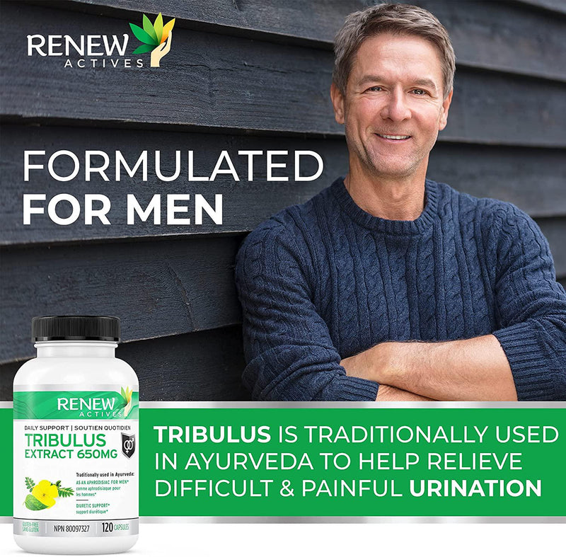 Renew Actives Tribulus Terrestris Extract: 1300mg Tribulus Powder Supplement with 45% Saponins - Energy and Performance Testosterone Booster for Men - Vegan Tribulus Herbal Supplements - 120 Capsules