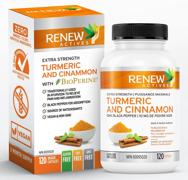 Renew Actives Turmeric Cinnamon Supplement: Anti Inflammatory Dietary Supplements for Heart Health, Joint Pain Relief - Turmeric Curcumin and Ceylon Cinnamon with BioPerine Black Pepper - 120 Capsules