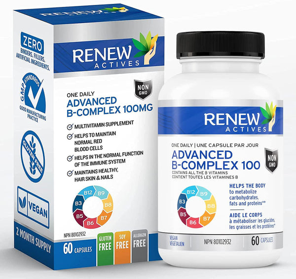 Renew Actives Vitamin B Complex 100 – 60-Capsule Advanced B Complex Dietary Supplement for Men and Women – 100% of B1, B2, B3, B5, B-6, B-12! – Vegan-Friendly Capsules