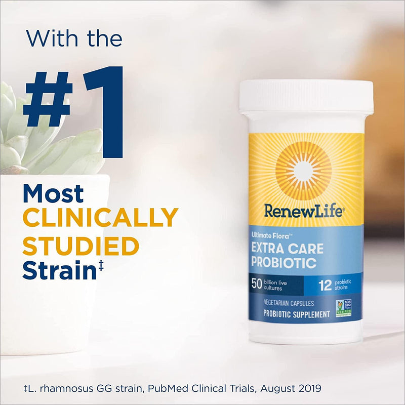 Renew Life Adult Probiotics 50 Billion CFU Guaranteed, 12 Strains, For Men and Women, Shelf Stable, Gluten Dairy and Soy Free, 30 Capsules, Ultimate Flora Extra Care- 60 Day Money Back Guarantee