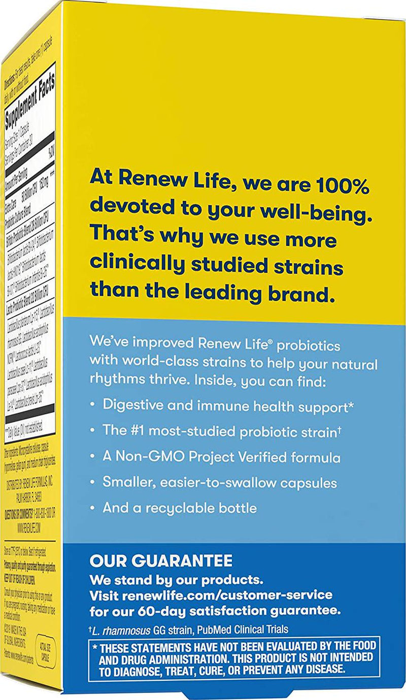 Renew Life Adult Probiotics 50 Billion CFU Guaranteed, 12 Strains, For Men and Women, Shelf Stable, Gluten Dairy and Soy Free, 30 Capsules, Ultimate Flora Extra Care- 60 Day Money Back Guarantee